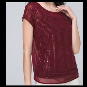 White House Black Market deep Red Sheer Sequin & Beads Blouse✨